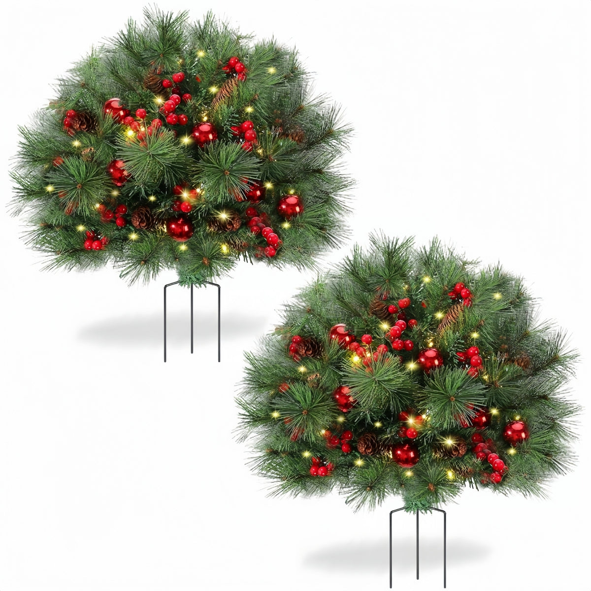 💥ON SALE💥2025 New Pre-Lit Christmas Urn Filler with Pine Cones, Red Berries & Ornament Balls