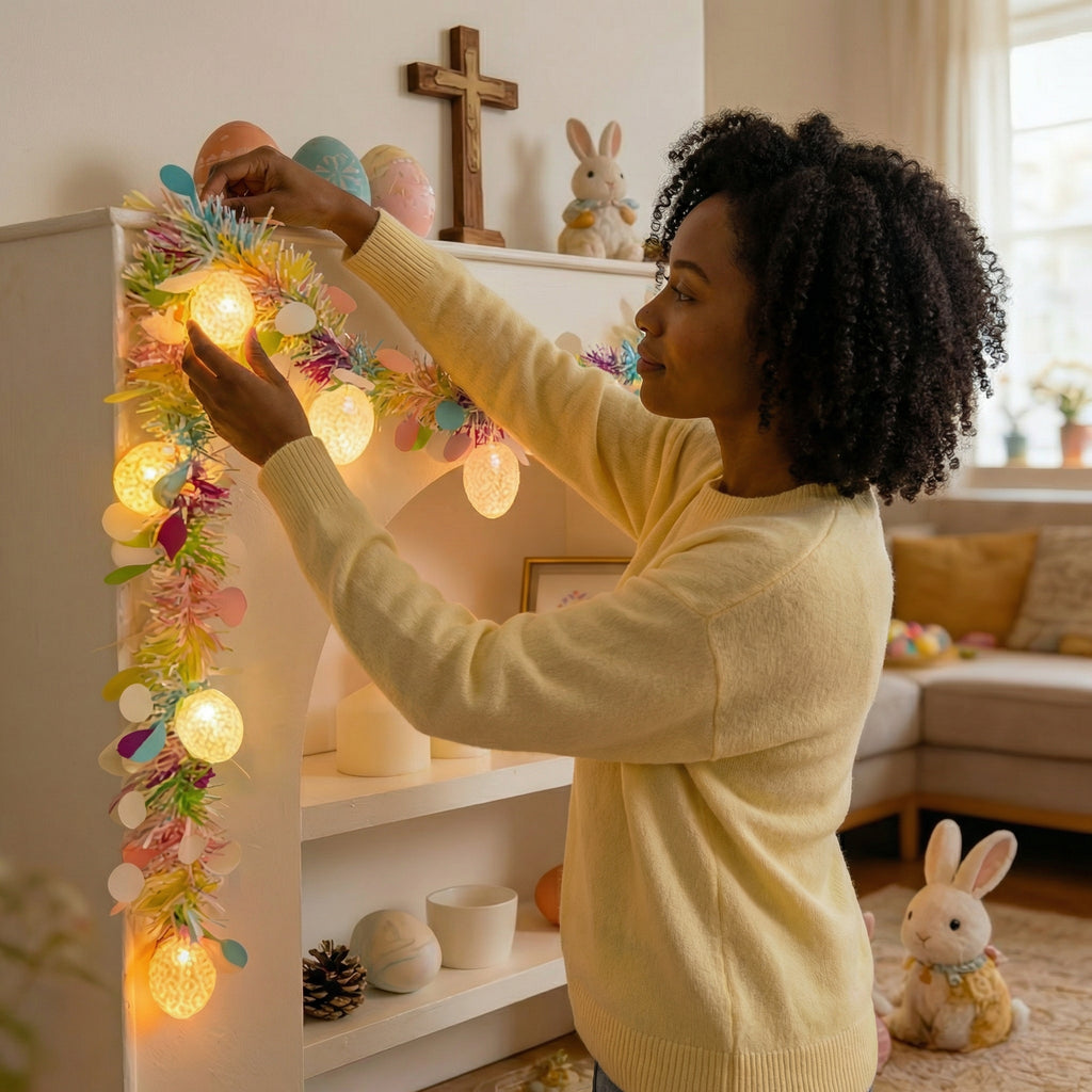 Rainbow Easter Tinsel Garland with Egg String Lights