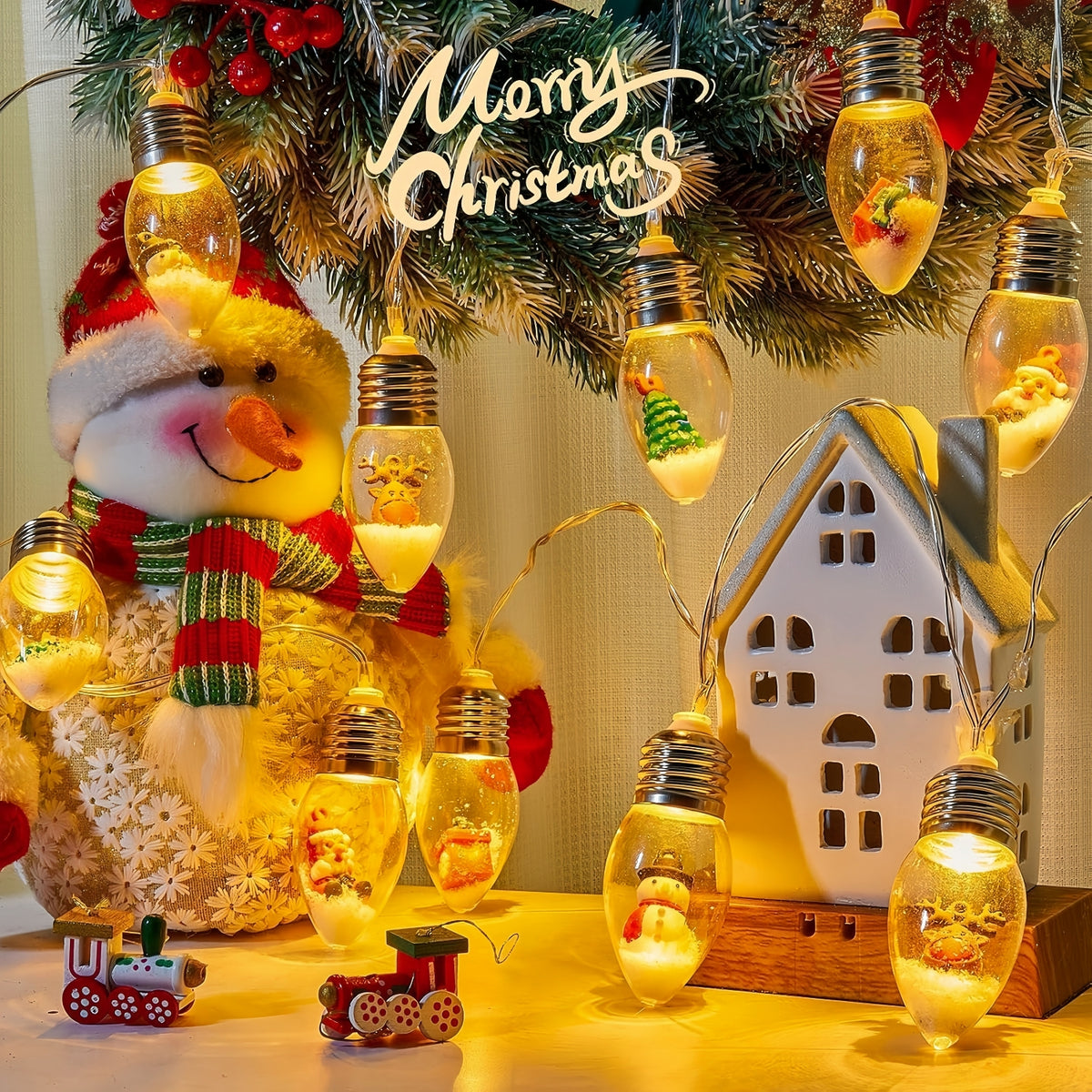 Christmas Snow Scene Bulb String Lights with Timer (7.5FT 10 LED)