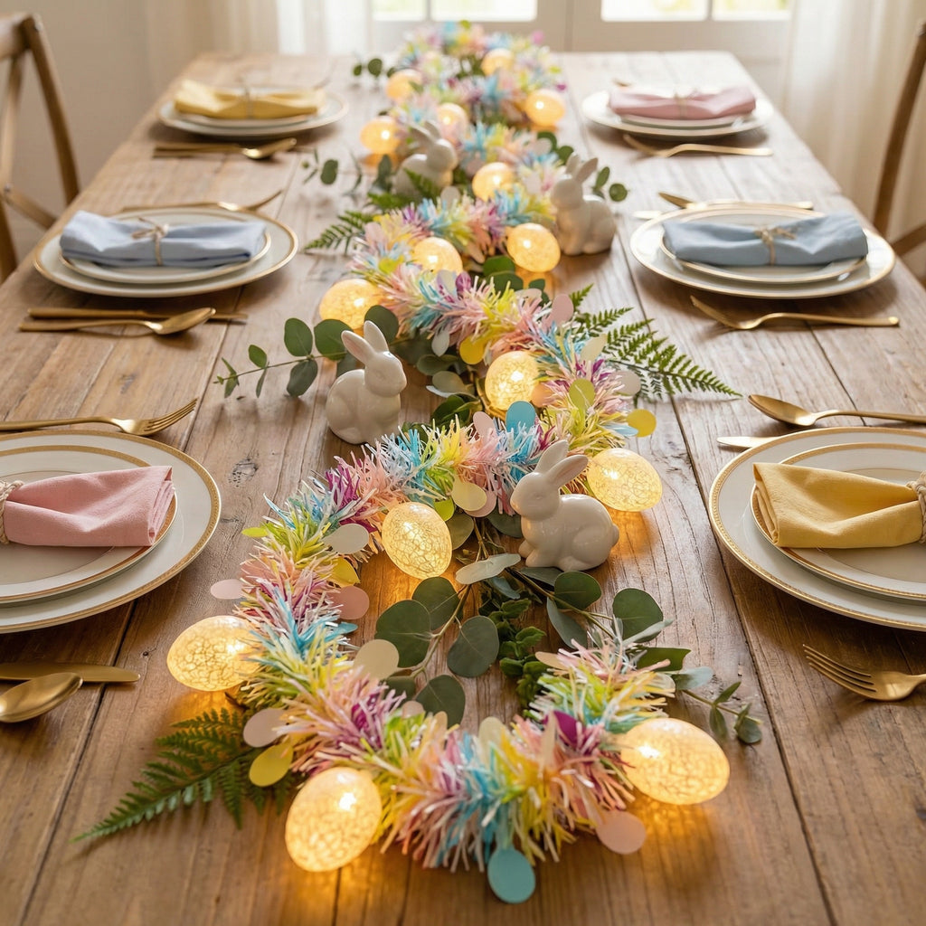 Rainbow Easter Tinsel Garland with Egg String Lights