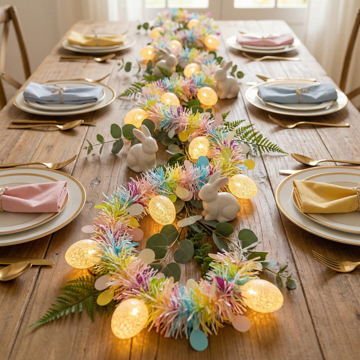 Rainbow Easter Tinsel Garland with Egg String Lights