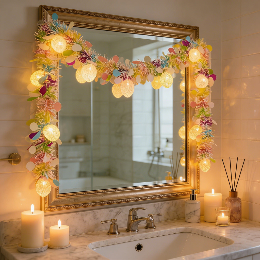 Rainbow Easter Tinsel Garland with Egg String Lights