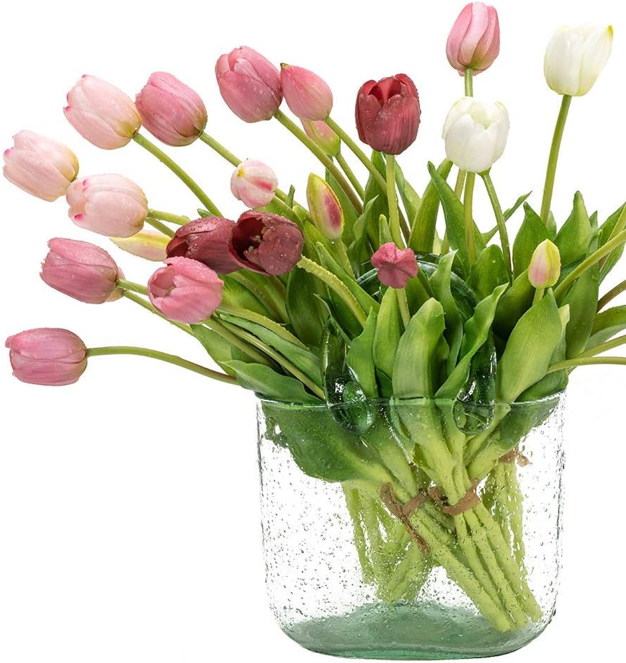 Artificial Tulips Flowers, Real Touch Latex Bouquet with Easter Sponge Bunny Vase Fillers– Spring Tabletop Decor Set