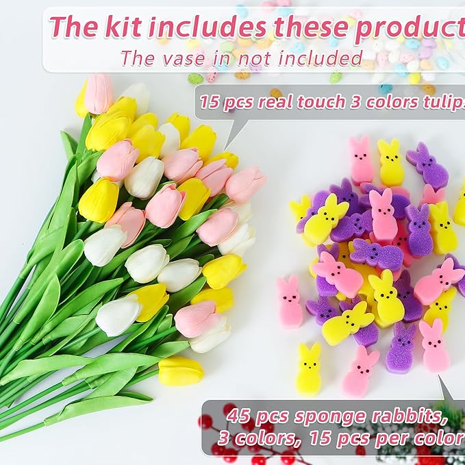 Artificial Tulips Flowers, Real Touch Latex Bouquet with Easter Sponge Bunny Vase Fillers– Spring Tabletop Decor Set
