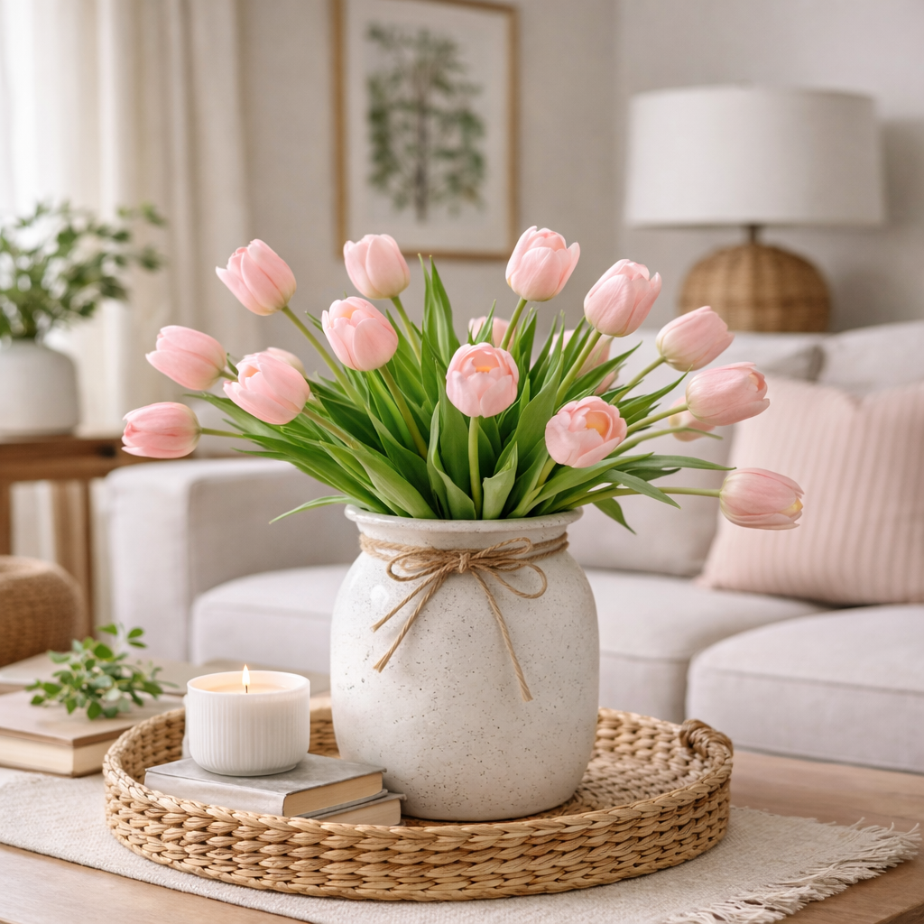Artificial Tulips Flowers, Real Touch Latex Bouquet with Easter Sponge Bunny Vase Fillers– Spring Tabletop Decor Set