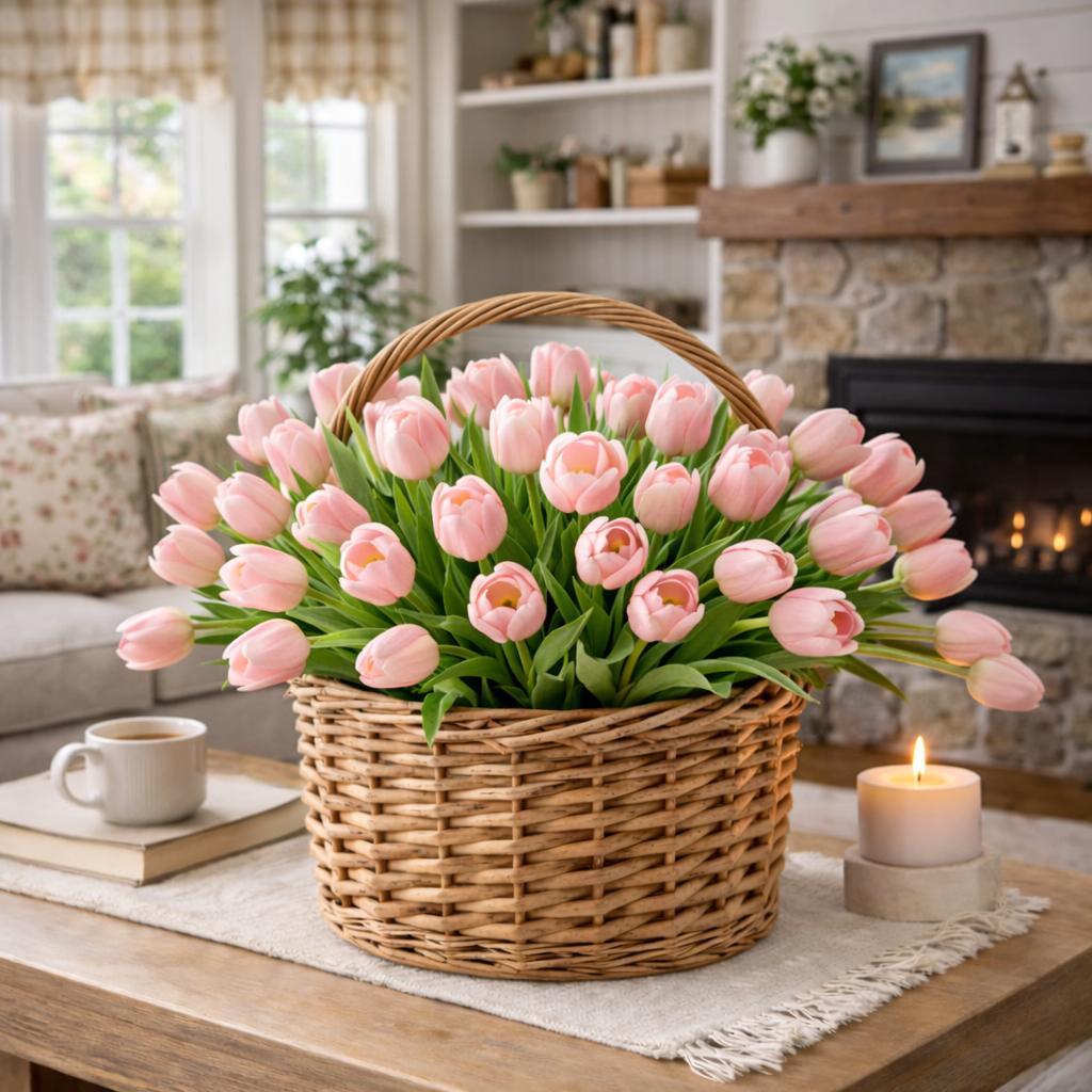 Artificial Tulips Flowers, Real Touch Latex Bouquet with Easter Sponge Bunny Vase Fillers– Spring Tabletop Decor Set