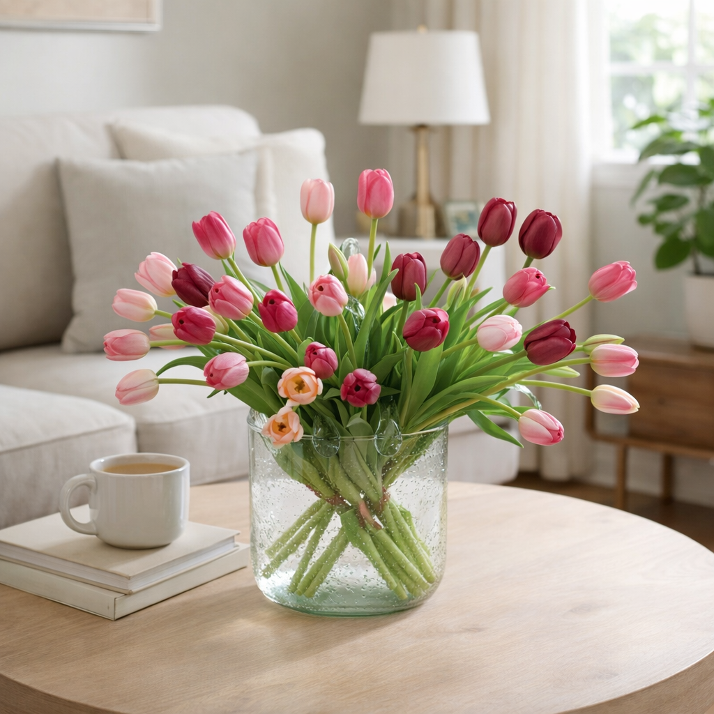 Artificial Tulips Flowers, Real Touch Latex Bouquet with Easter Sponge Bunny Vase Fillers– Spring Tabletop Decor Set
