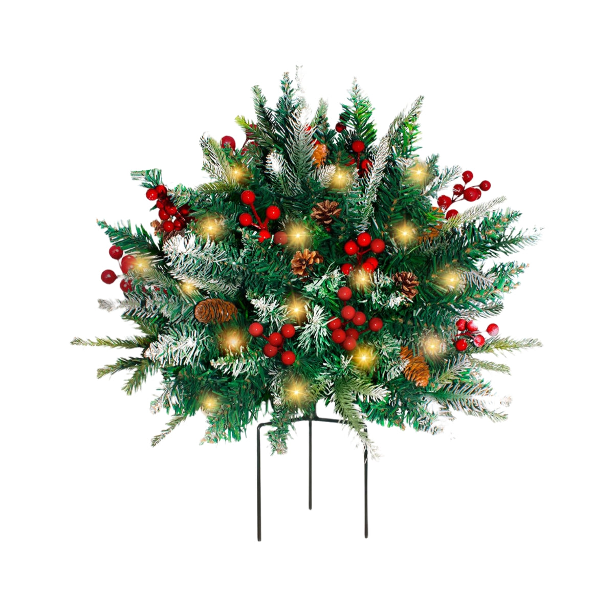 24"Pre-Lit Artificial Xmas Pine Tree with Red Berries, Cones and Metal Tripod Stake