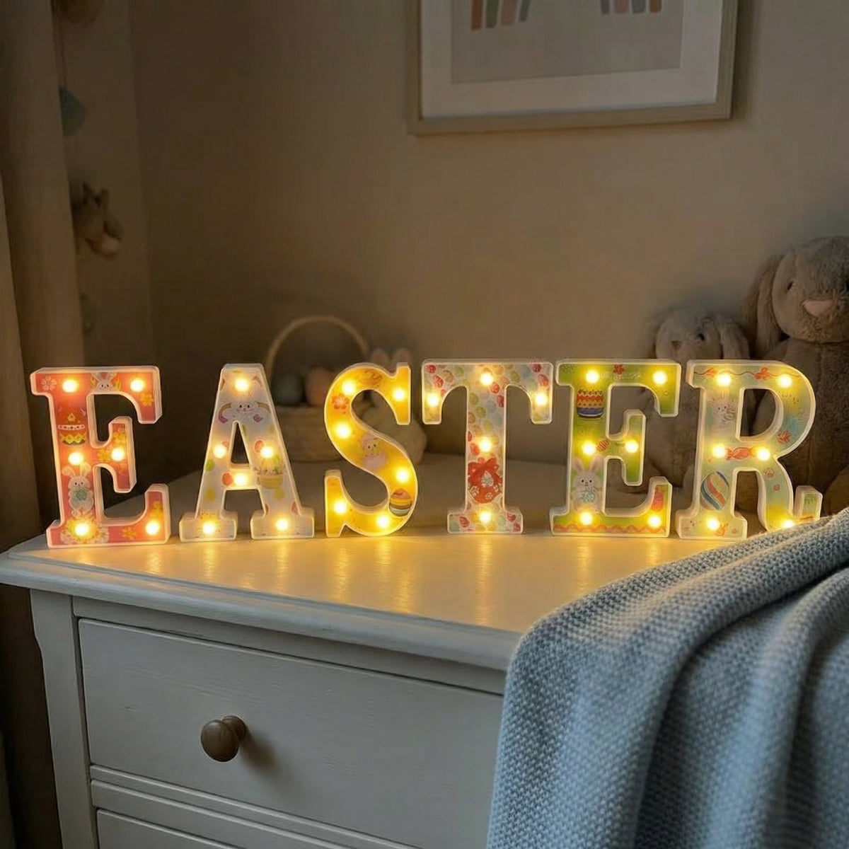 Easter Glow LED Letter Decor Set (E-A-S-T-E-R) – Pastel Lighted Spring Mantel Sign