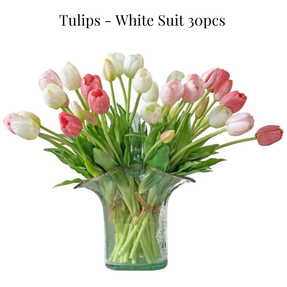 Artificial Tulips Flowers, Real Touch Latex Bouquet with Easter Sponge Bunny Vase Fillers– Spring Tabletop Decor Set