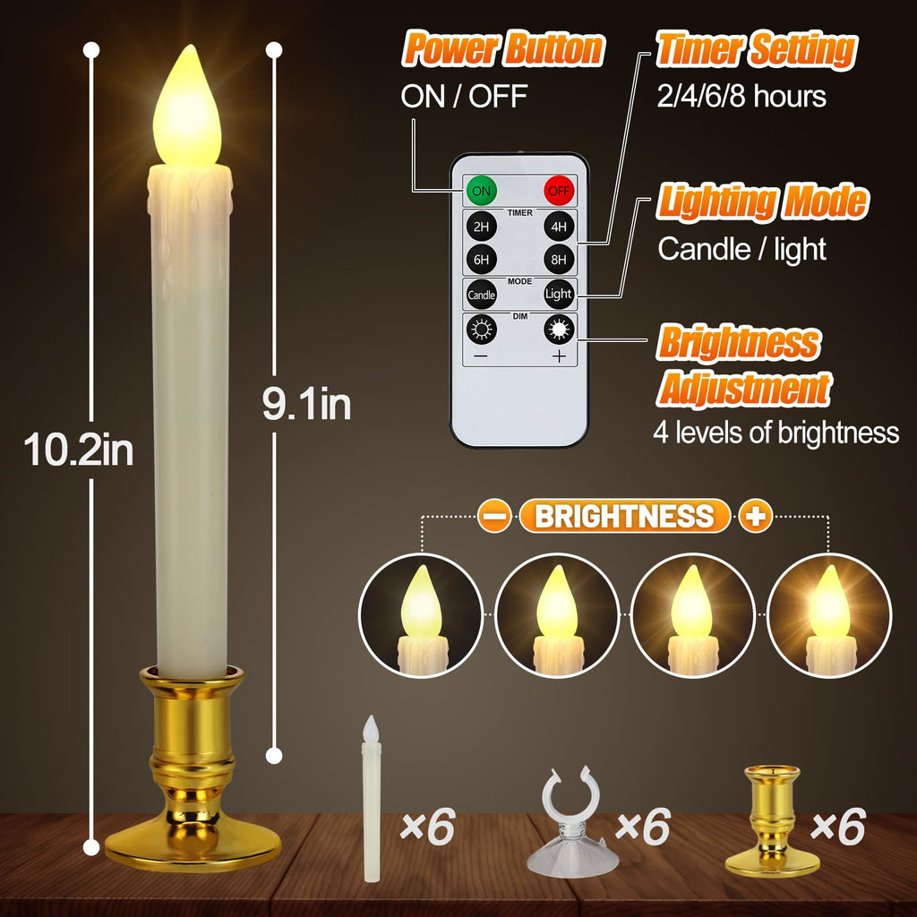 6 Pcs Christmas Flameless Flickering Candles with Timer, Removable Candlestick, Suction Cup